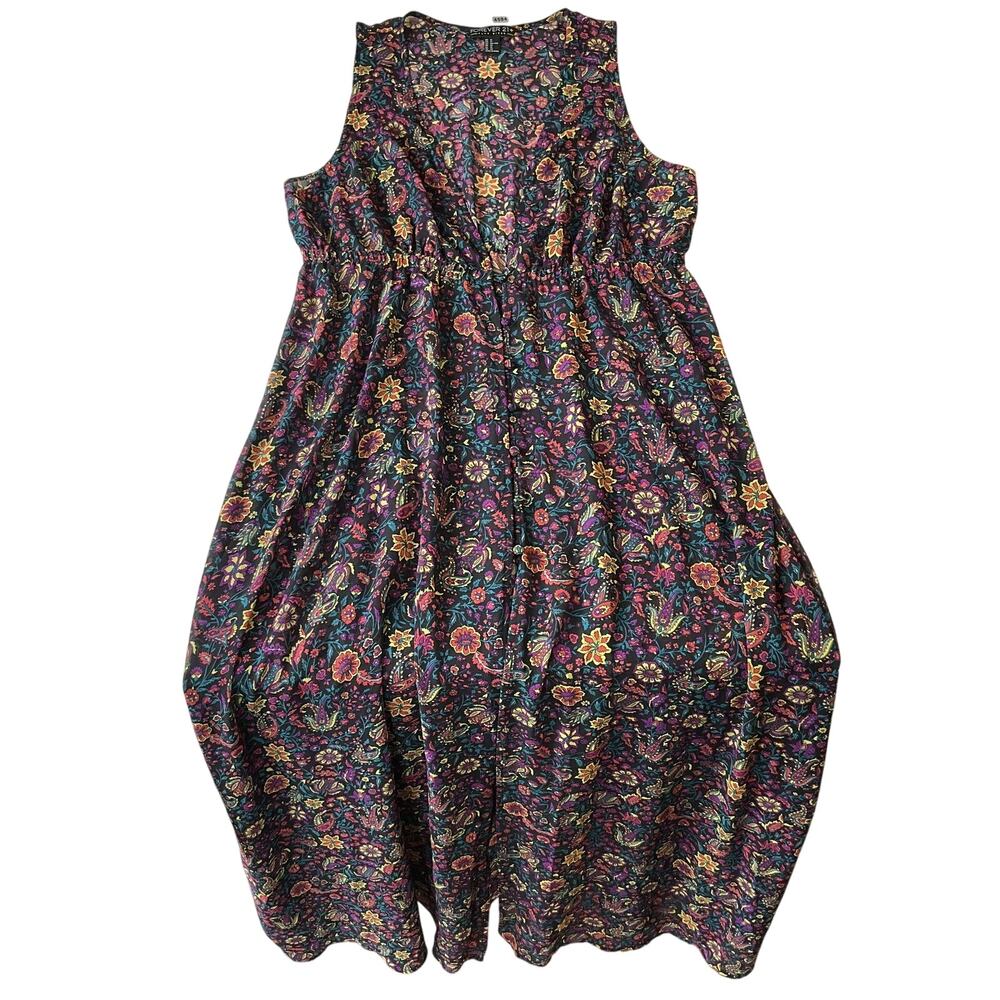 Forever 21 Women Maxi Dress 1X Black Floral Fit & Flare Sleeveless V-neck Sheer